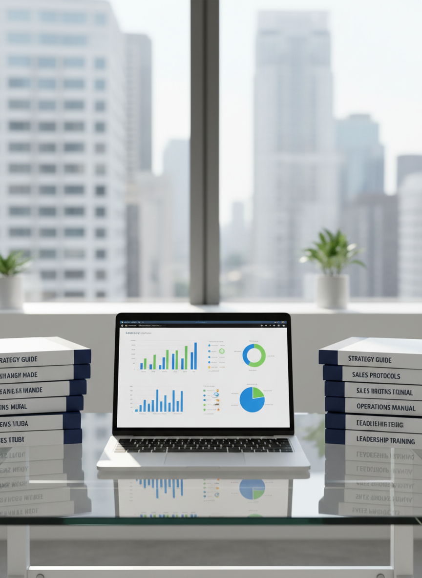 A neatly arranged workspace featuring an open silver laptop displaying a clean business dashboard, surrounded by organized stacks of neatly labeled training manuals with crisp white and navy covers. A sleek glass desk sits in front of a large window in a modern office, with a city skyline softly blurred in the distance. Natural daylight pours in, creating gentle reflections on the glass surface and subtle highlights along the laptop edges. The mood is professional, focused, and optimistic. Photographic realism, eye-level composition, and a shallow depth of field keep the laptop and manuals in sharp focus while the background remains softly out of focus, suggesting clarity, structure, and practical business support.